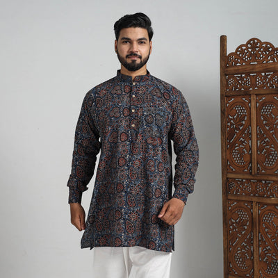 Ajrakh Block Printed Cotton Men Short Kurta 09