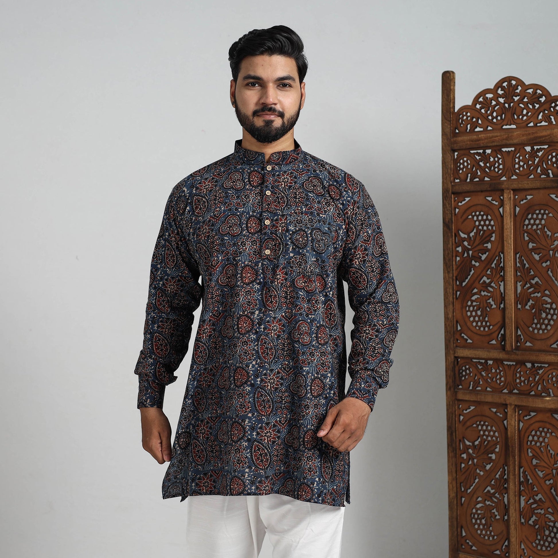 Ajrakh Block Printed Cotton Men Short Kurta 09