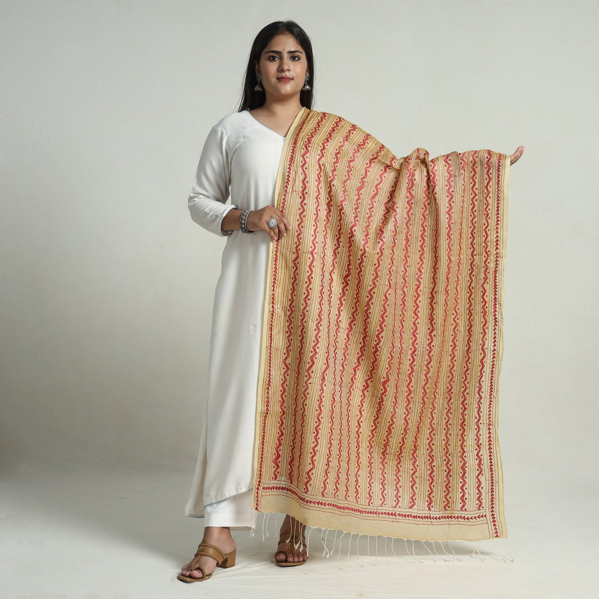 Beige - Bengal Kantha Embroidery Tussar Silk Cotton Handloom Dupatta with Tassels 22