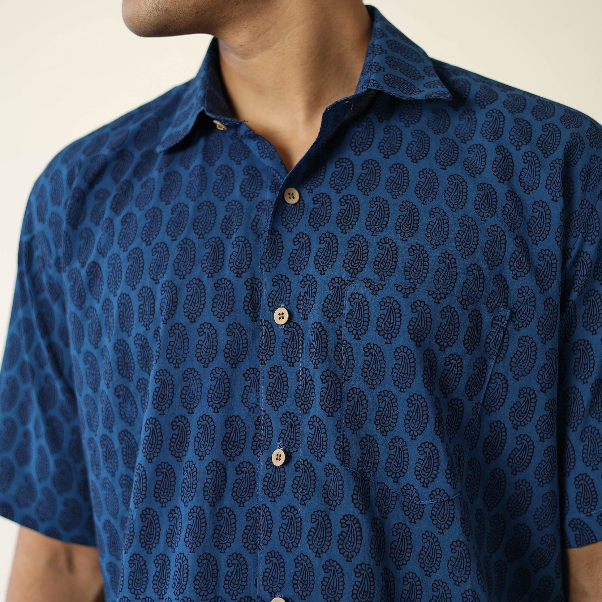 Blue - Bagh Hand Block Printed Cotton Men Half Sleeve Shirt 02
