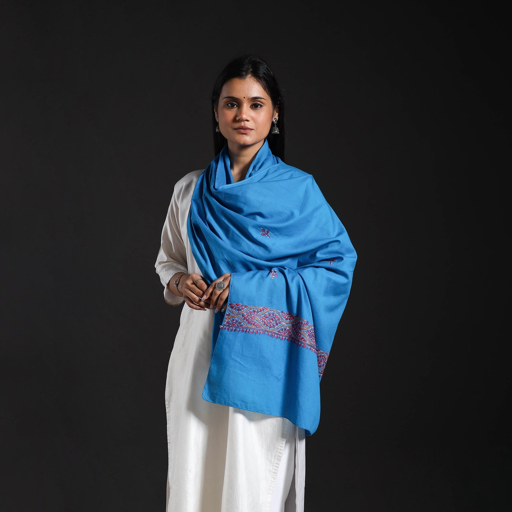 Blue - Cotton Kashida Embroidery Stole 02