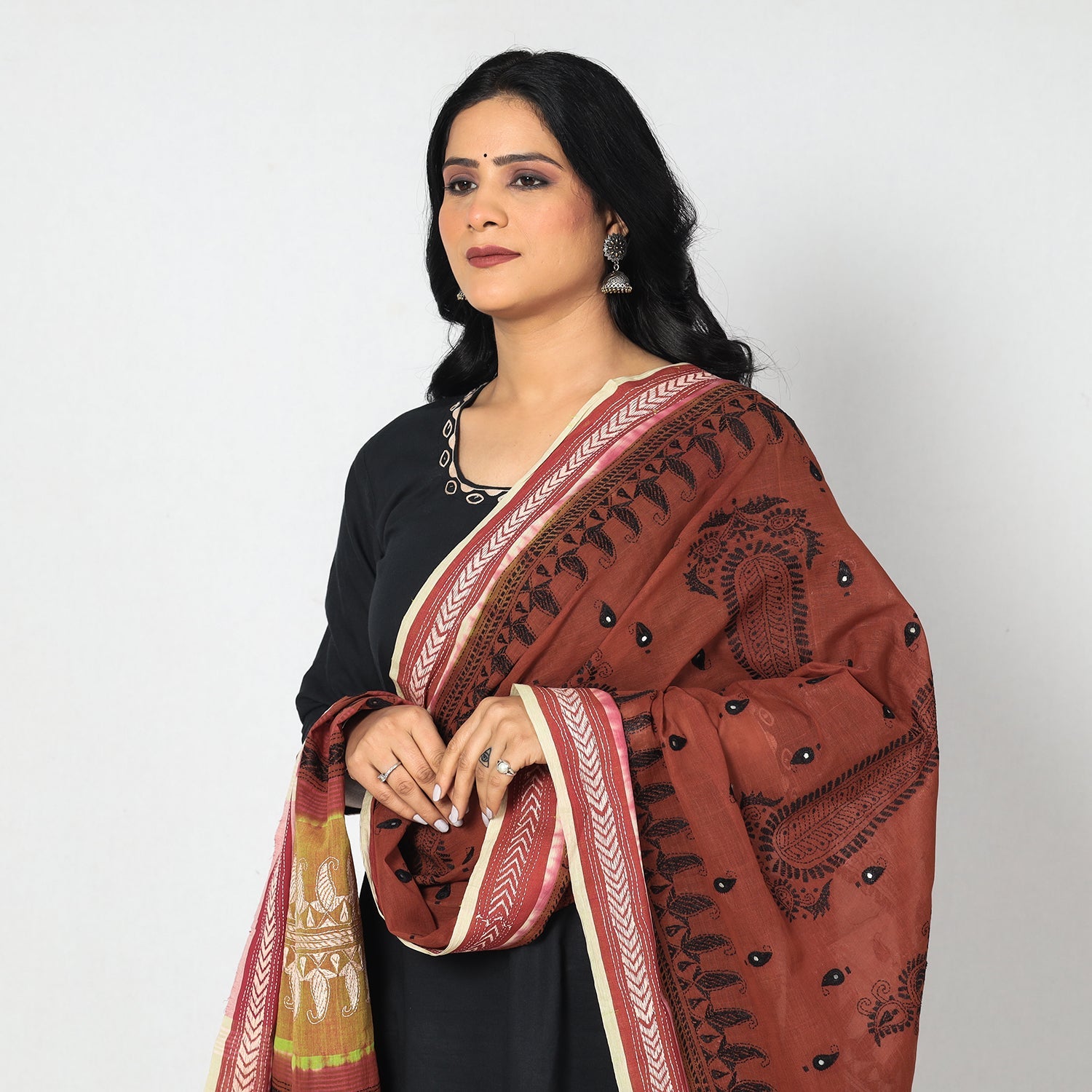 Brown - Bengal Kantha Embroidery Cotton Handloom Dupatta