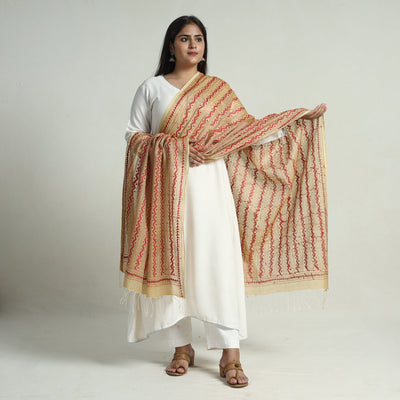 Beige - Bengal Kantha Embroidery Tussar Silk Cotton Handloom Dupatta with Tassels 22