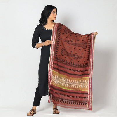 Brown - Bengal Kantha Embroidery Cotton Handloom Dupatta