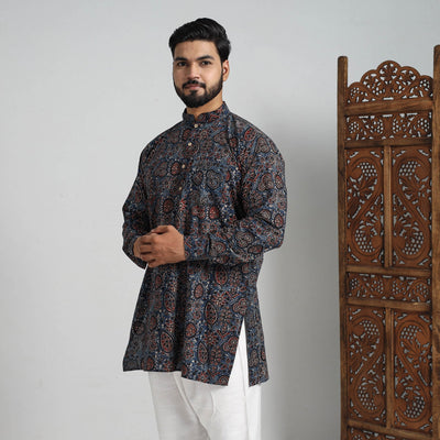 Ajrakh Block Printed Cotton Men Short Kurta 09
