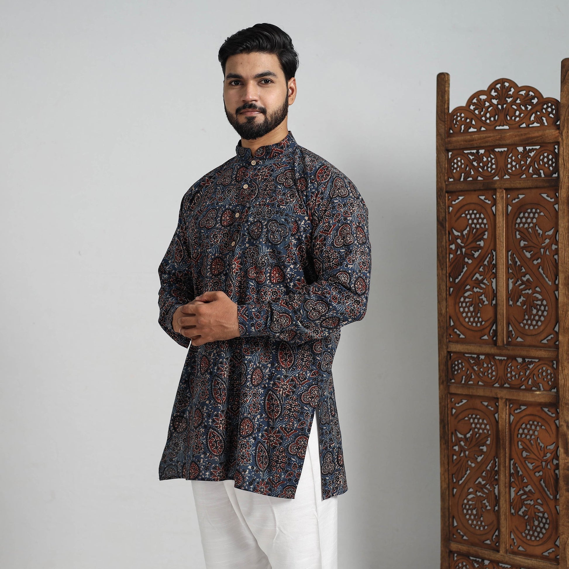 Ajrakh Block Printed Cotton Men Short Kurta 09
