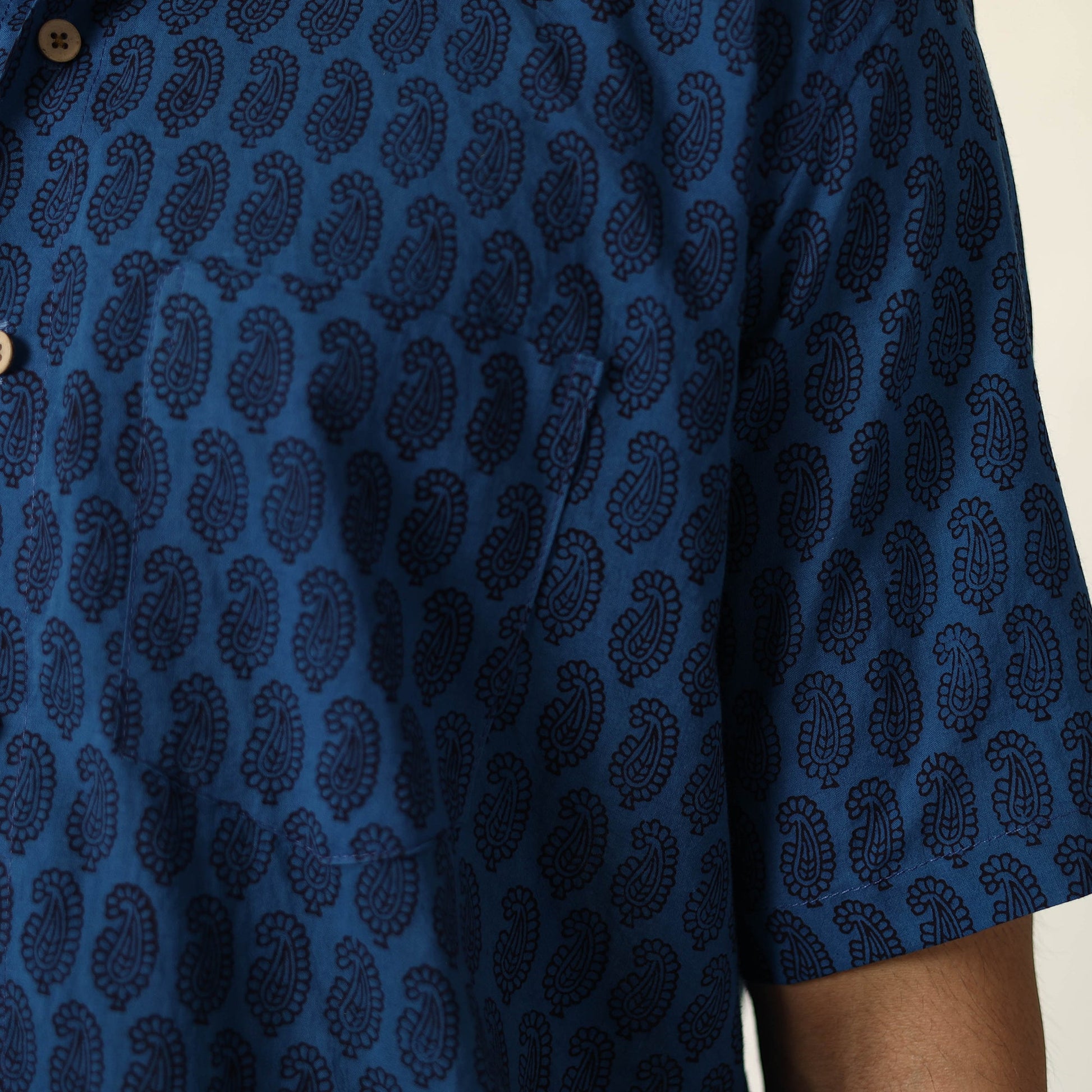 Blue - Bagh Hand Block Printed Cotton Men Half Sleeve Shirt 02