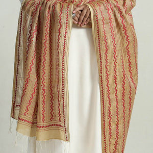 Beige - Bengal Kantha Embroidery Tussar Silk Cotton Handloom Dupatta with Tassels 22