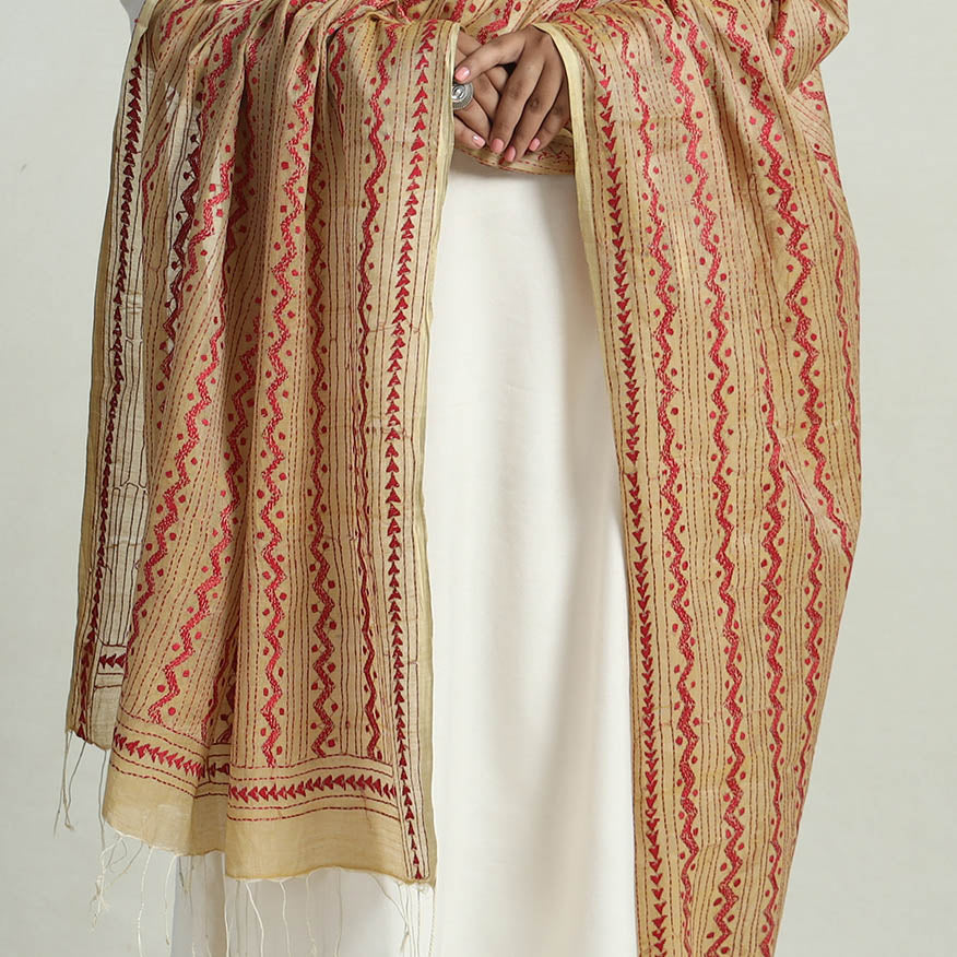 Beige - Bengal Kantha Embroidery Tussar Silk Cotton Handloom Dupatta with Tassels 22