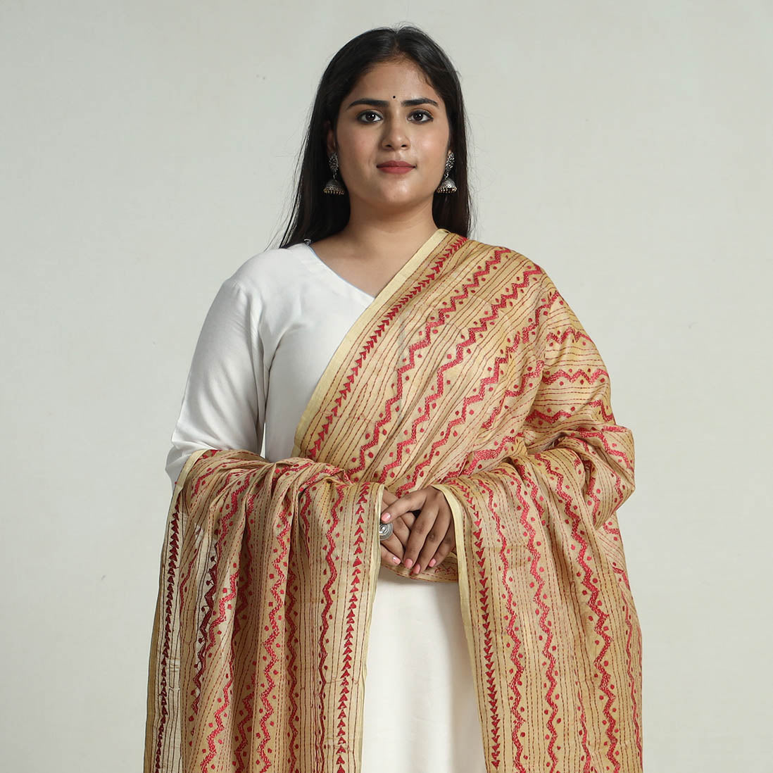 Beige - Bengal Kantha Embroidery Tussar Silk Cotton Handloom Dupatta with Tassels 22