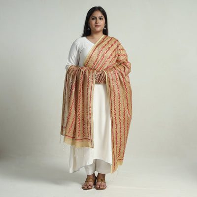 Beige - Bengal Kantha Embroidery Tussar Silk Cotton Handloom Dupatta with Tassels 22