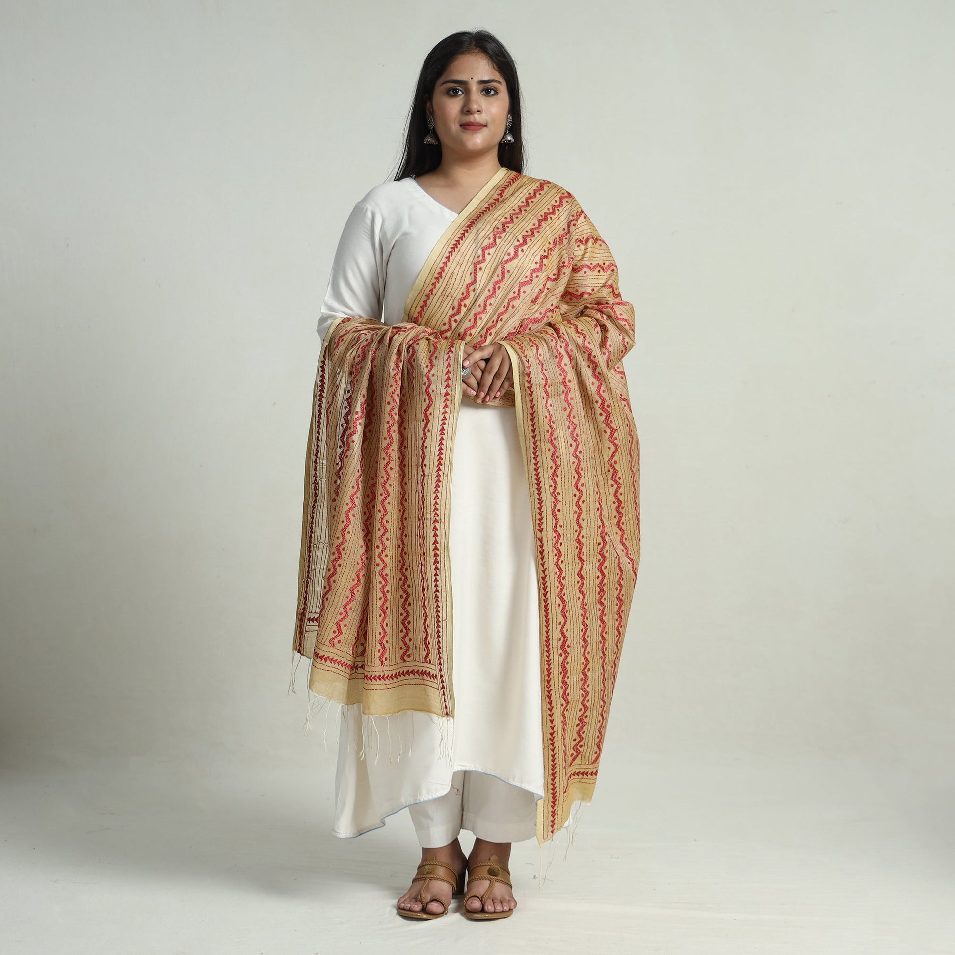 Beige - Bengal Kantha Embroidery Tussar Silk Cotton Handloom Dupatta with Tassels 22