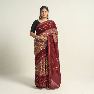 Brown - Kutch Tie-Dye Cotton Bandhani Saree with Blouse Piece 10