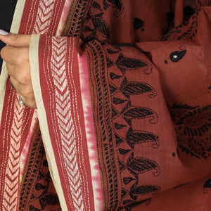 Brown - Bengal Kantha Embroidery Cotton Handloom Dupatta