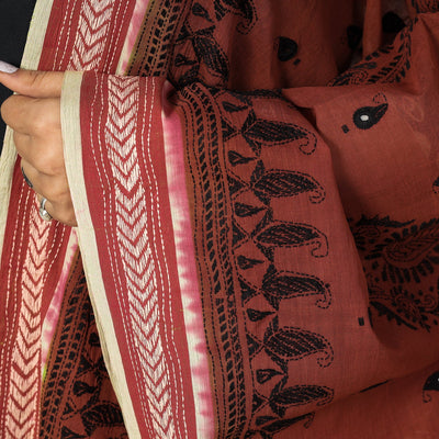 Brown - Bengal Kantha Embroidery Cotton Handloom Dupatta