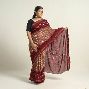 Brown - Kutch Tie-Dye Cotton Bandhani Saree with Blouse Piece 10