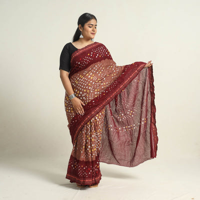 Brown - Kutch Tie-Dye Cotton Bandhani Saree with Blouse Piece 10