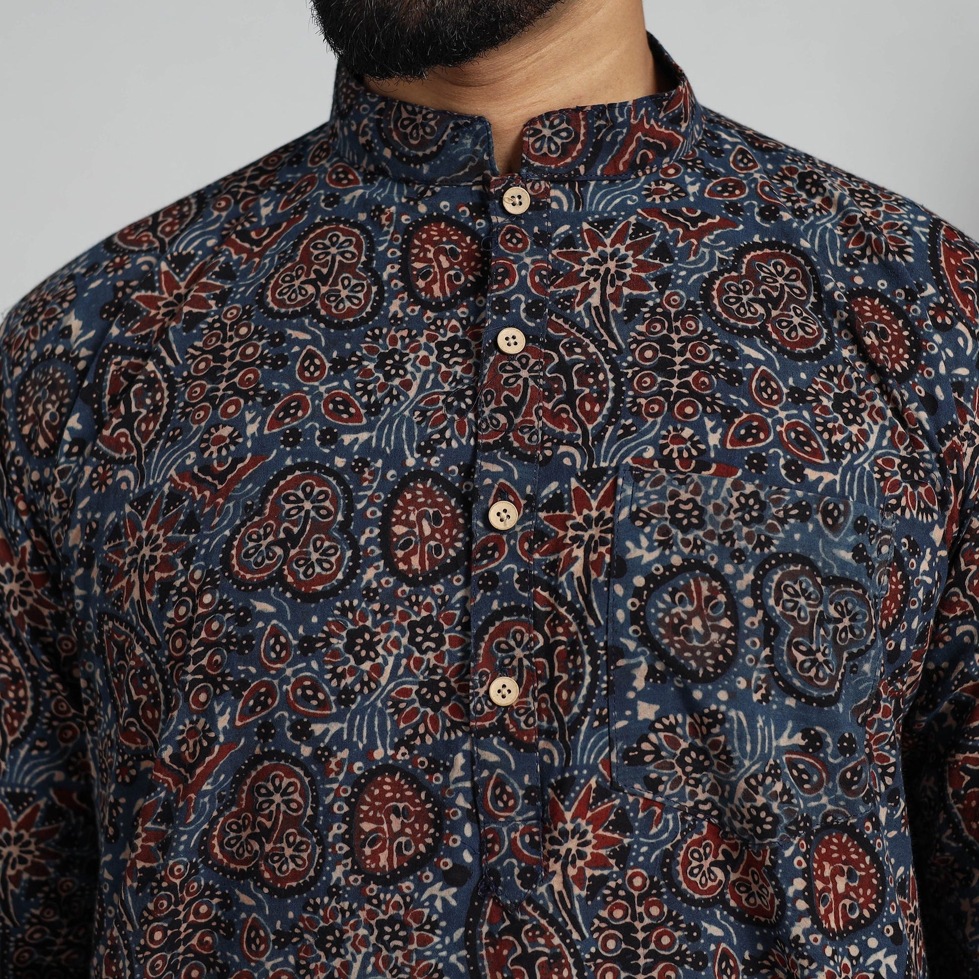 Ajrakh Block Printed Cotton Men Short Kurta 09