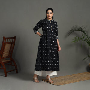 Black - Handloom Cotton A-Line Pochampally Double Ikat Kurta 04