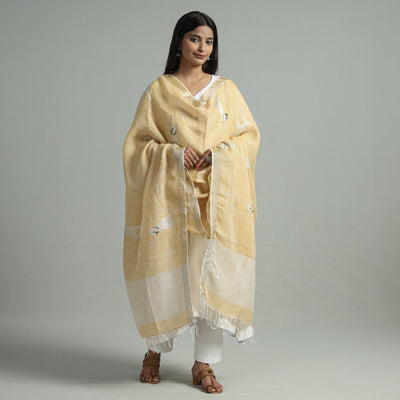 Beige - Bengal Jamdani Handloom Linen Dupatta with Tassels 20