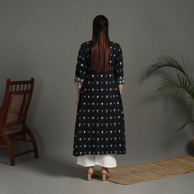 Black - Handloom Cotton A-Line Pochampally Double Ikat Kurta 04