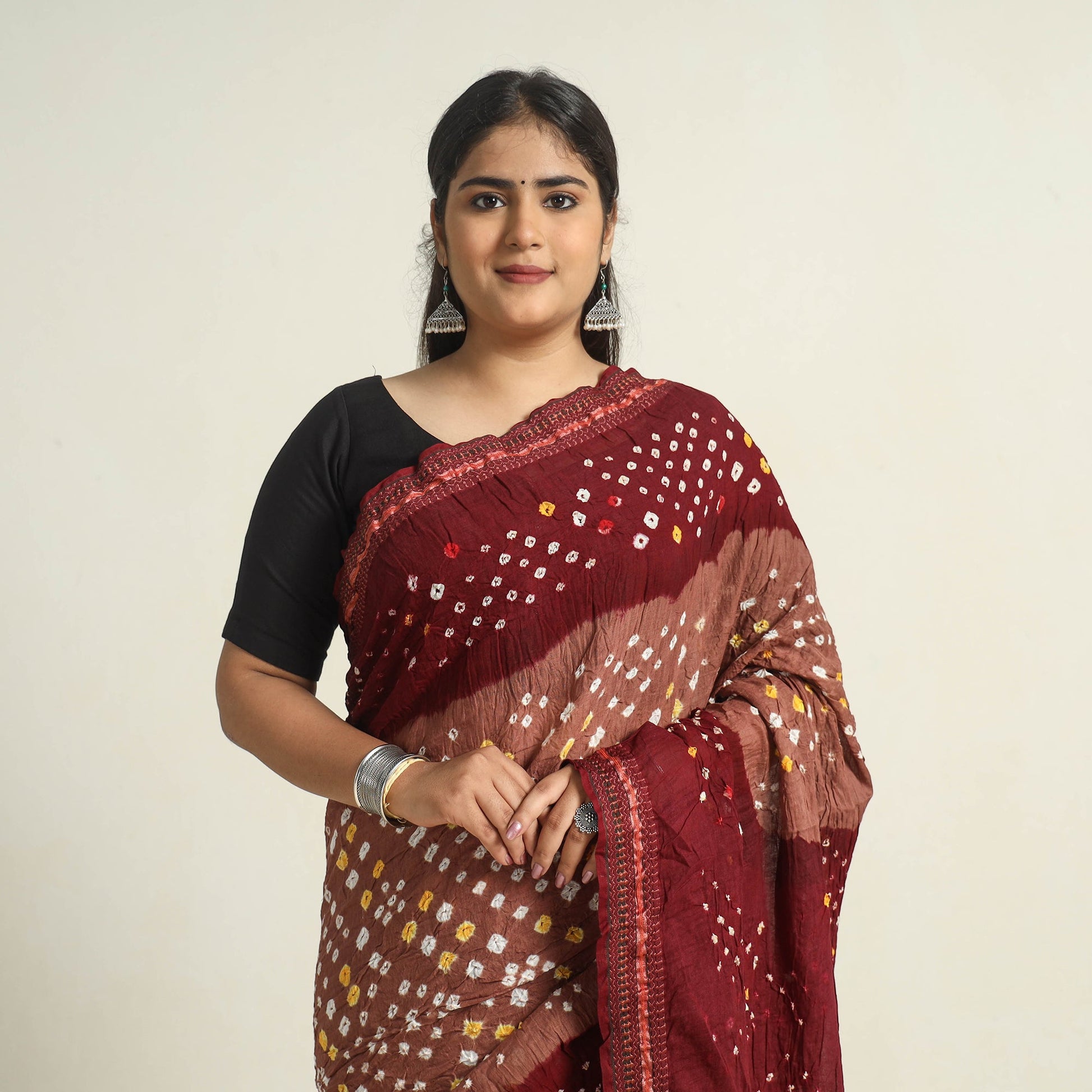 Brown - Kutch Tie-Dye Cotton Bandhani Saree with Blouse Piece 10