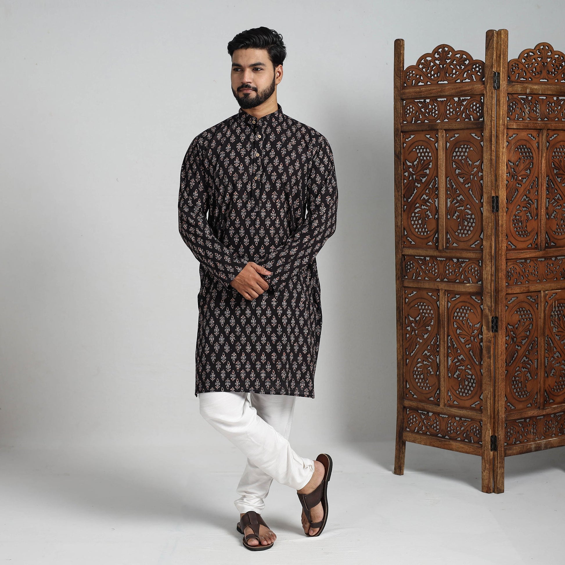 Ajrakh Block Printed Cotton Men Long Kurta 10