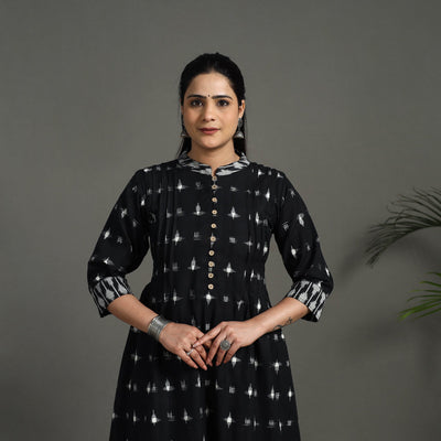 Black - Handloom Cotton A-Line Pochampally Double Ikat Kurta 04