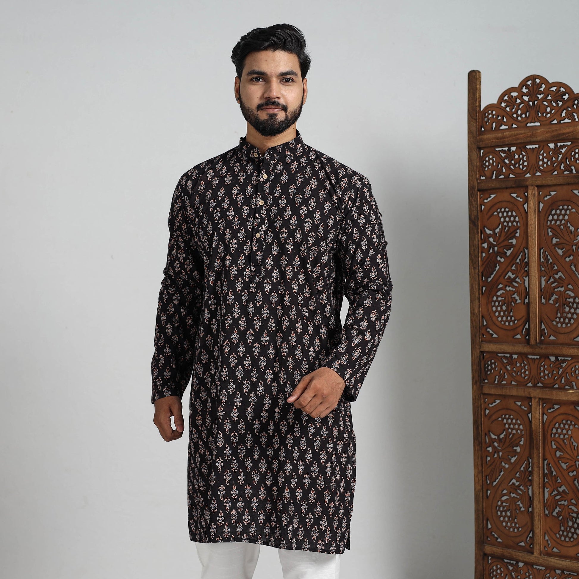 Ajrakh Block Printed Cotton Men Long Kurta 10