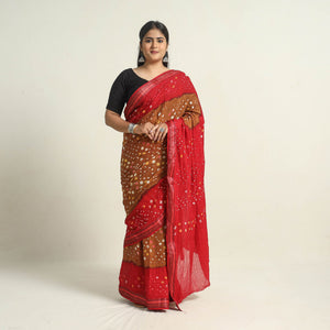 Brown - Kutch Tie-Dye Cotton Bandhani Saree with Blouse Piece 09