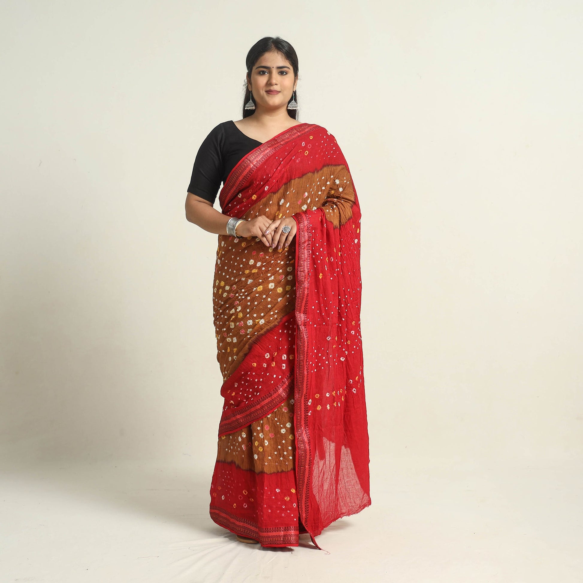 Brown - Kutch Tie-Dye Cotton Bandhani Saree with Blouse Piece 09
