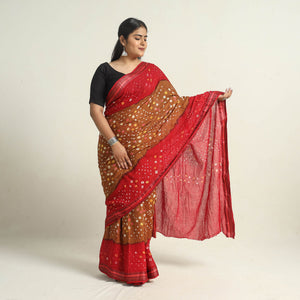 Brown - Kutch Tie-Dye Cotton Bandhani Saree with Blouse Piece 09