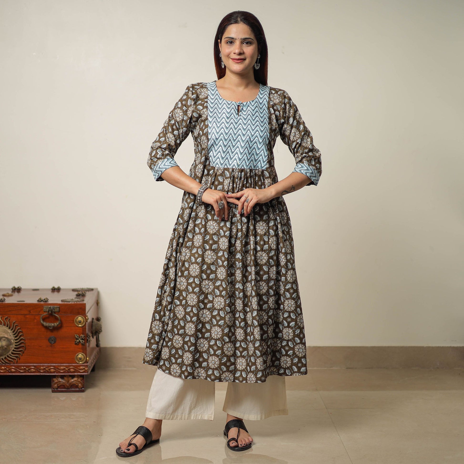 Brown - Jaipur Printed Cotton A-Line Kurta with Patchwork 01