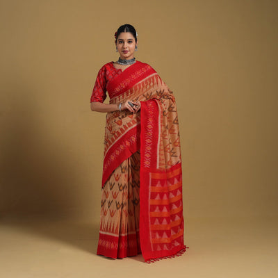 Beige - Telia Rumal Handloom Cotton Pochampally Double Ikat Saree 12