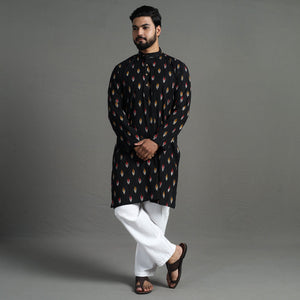Black - Pochampally Ikat Cotton Men Long Kurta
