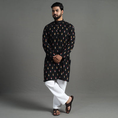 Black - Pochampally Ikat Cotton Men Long Kurta