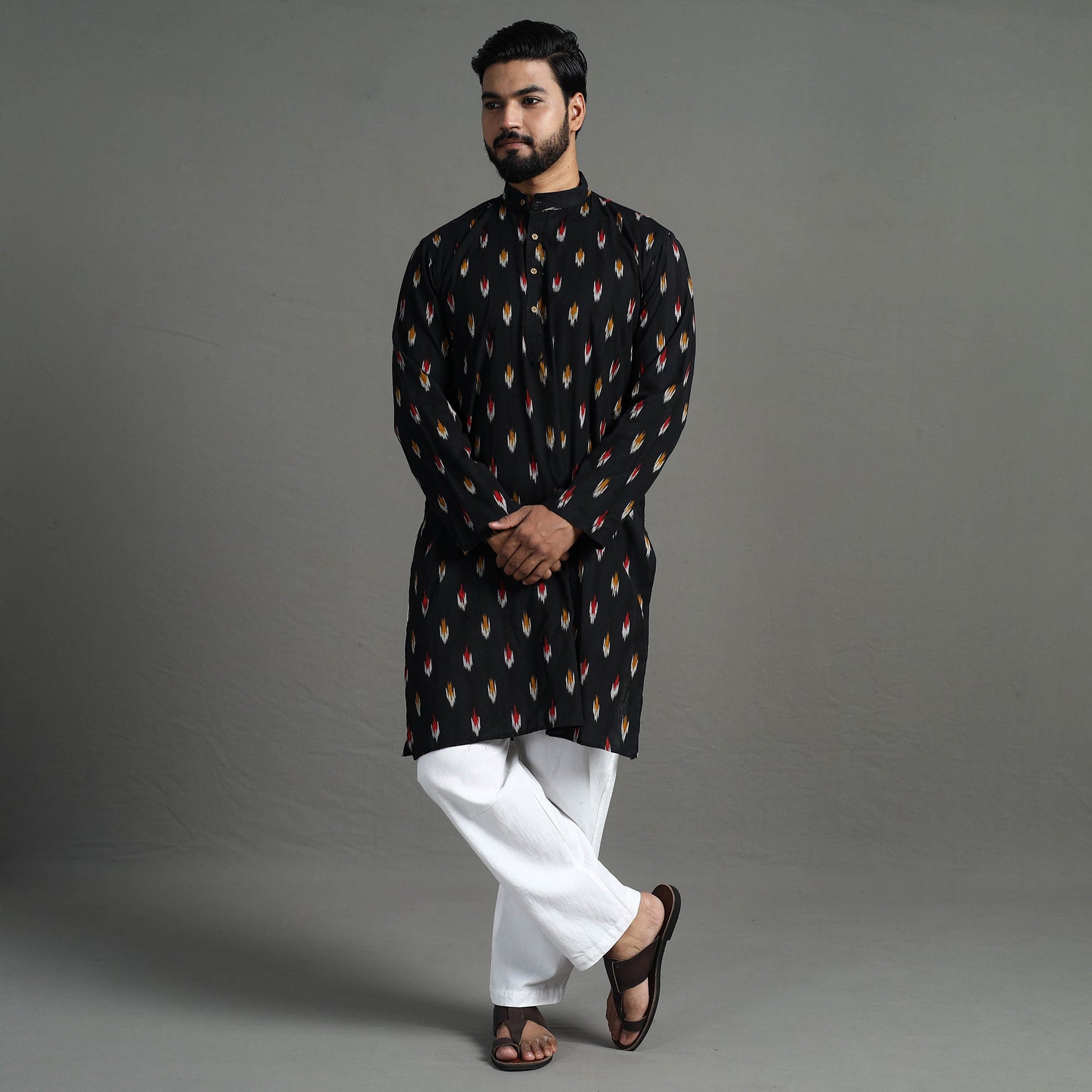 Black - Pochampally Ikat Cotton Men Long Kurta
