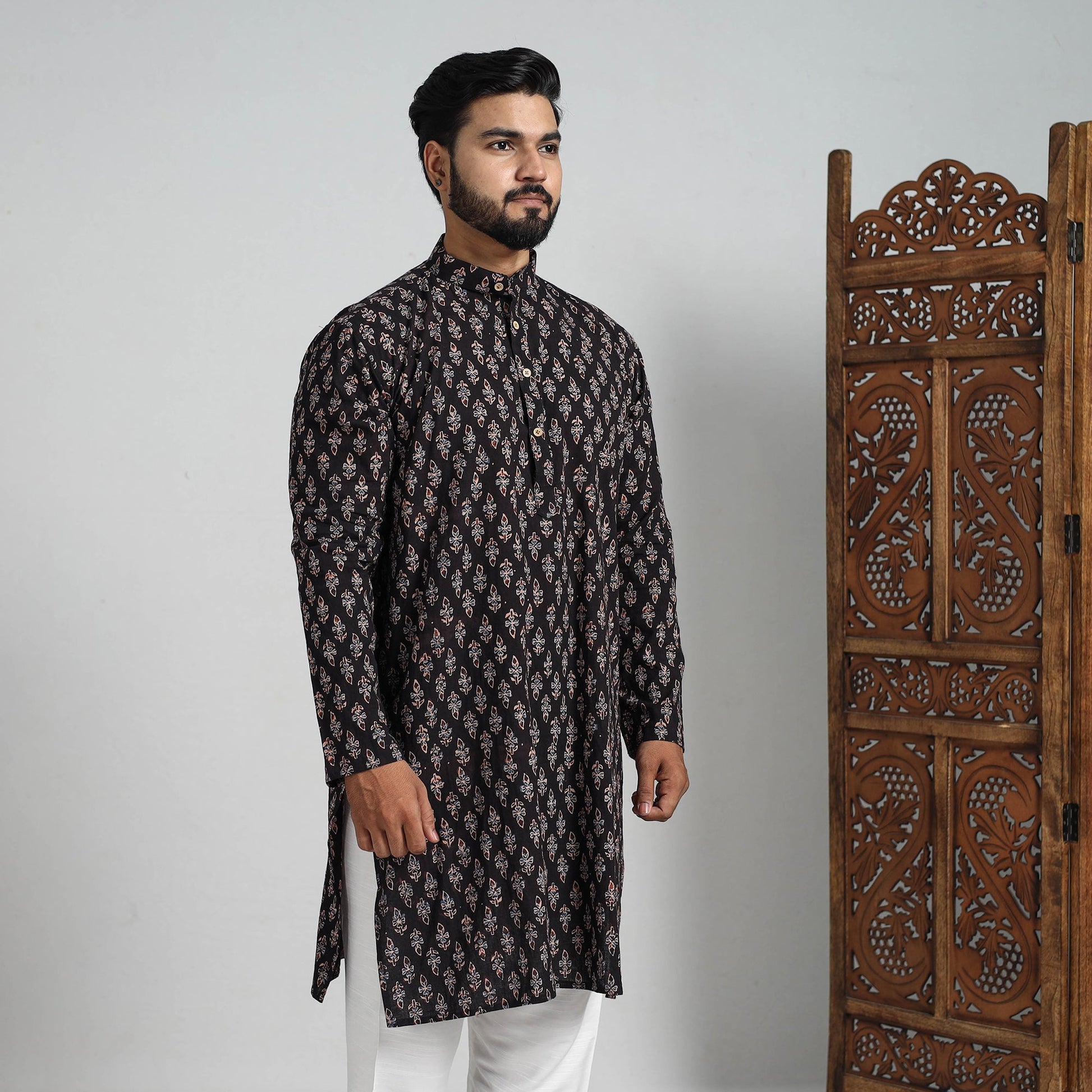 Ajrakh Block Printed Cotton Men Long Kurta 10