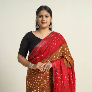 Brown - Kutch Tie-Dye Cotton Bandhani Saree with Blouse Piece 09