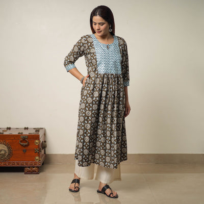 Brown - Jaipur Printed Cotton A-Line Kurta with Patchwork 01