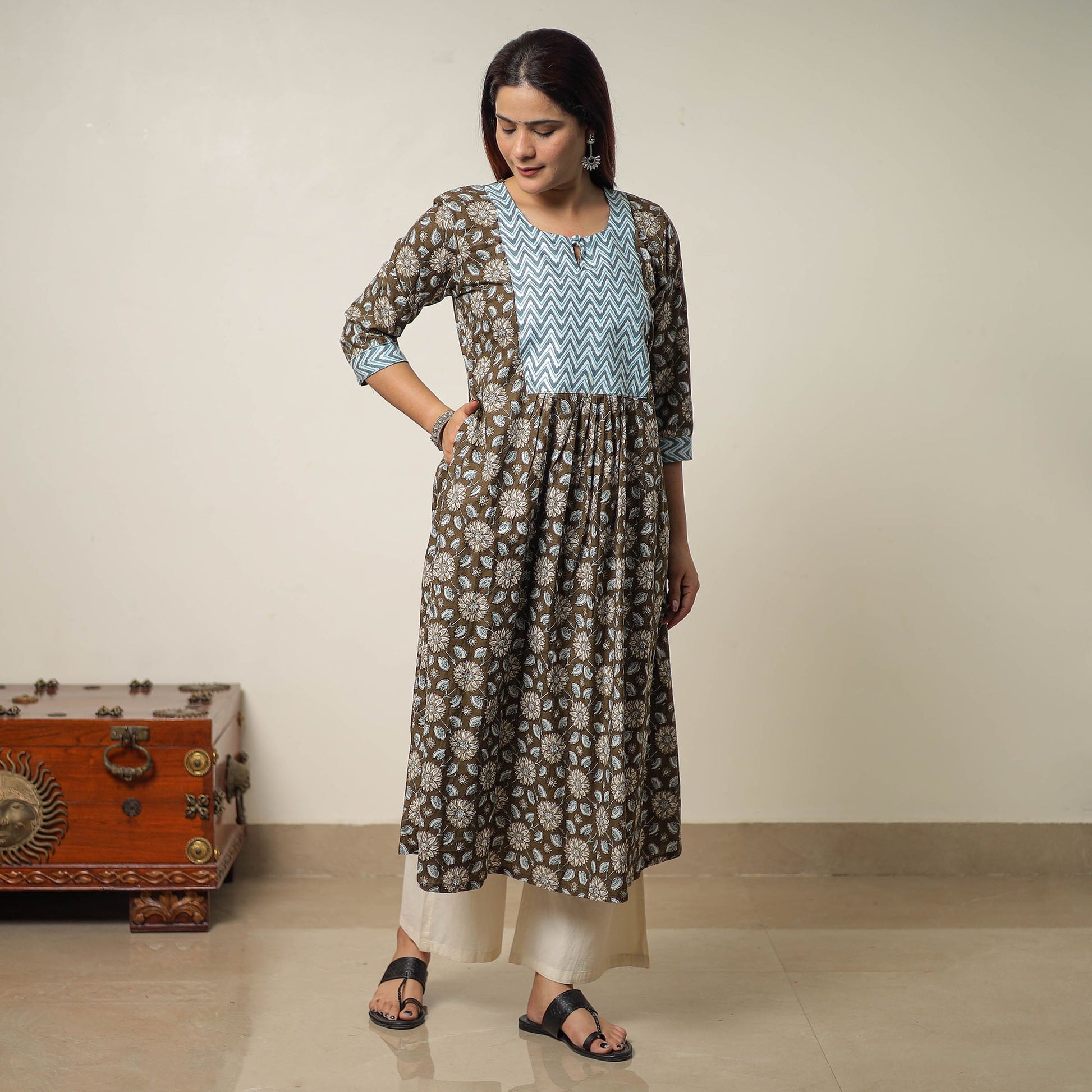 Brown - Jaipur Printed Cotton A-Line Kurta with Patchwork 01