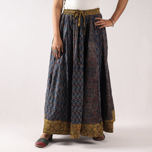 Blue - 24 Kali Ajrakh Block Printing Patchwork Cotton Long Skirt