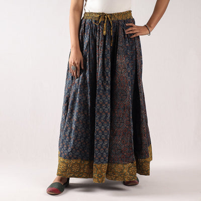 Blue - 24 Kali Ajrakh Block Printing Patchwork Cotton Long Skirt