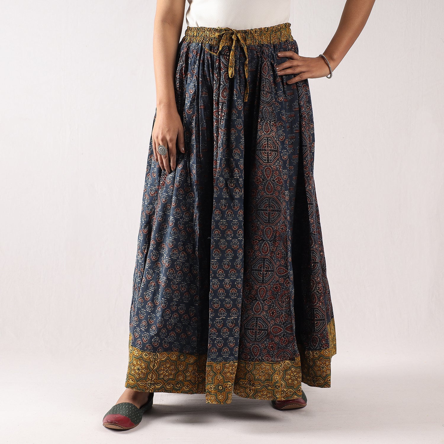 Blue - 24 Kali Ajrakh Block Printing Patchwork Cotton Long Skirt