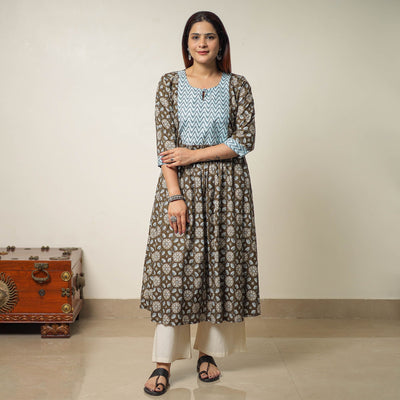 Brown - Jaipur Printed Cotton A-Line Kurta with Patchwork 01