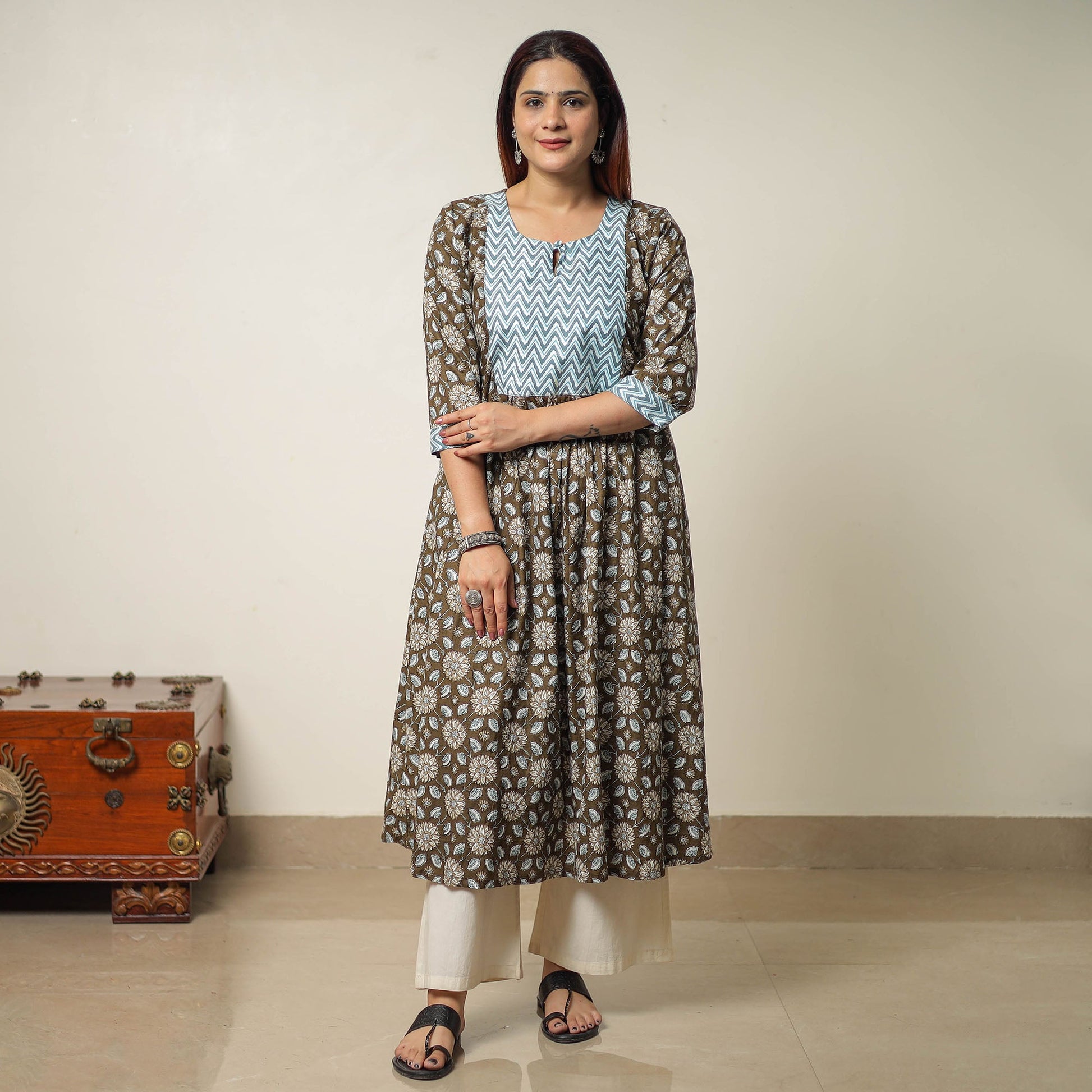 Brown - Jaipur Printed Cotton A-Line Kurta with Patchwork 01