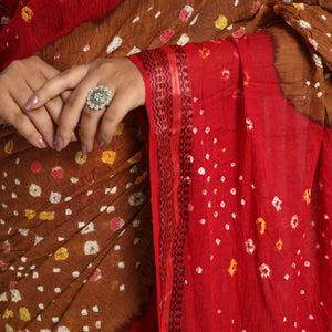 Brown - Kutch Tie-Dye Cotton Bandhani Saree with Blouse Piece 09