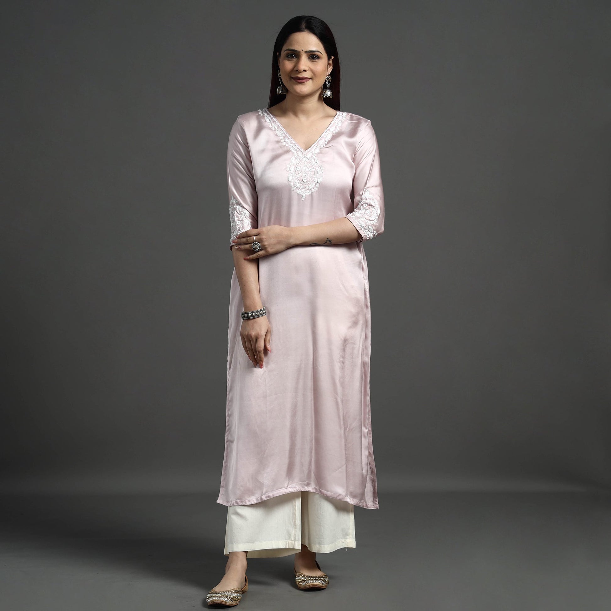 Baby Pink - Modal Silk Noori Hand Embroidery Long Straight Kurta