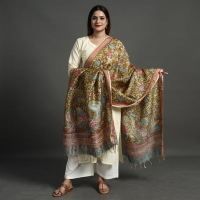Brown - Pure Tussar Silk Pen Work Srikalahasti Kalamkari Dupatta with Dobby Border 125