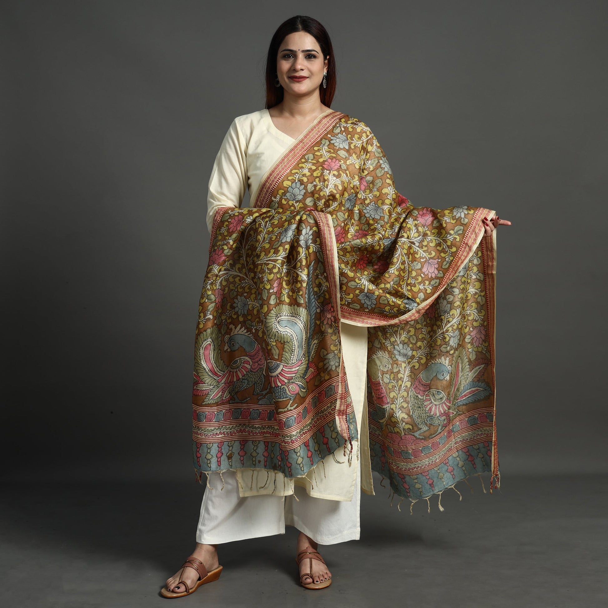 Brown - Pure Tussar Silk Pen Work Srikalahasti Kalamkari Dupatta with Dobby Border 125